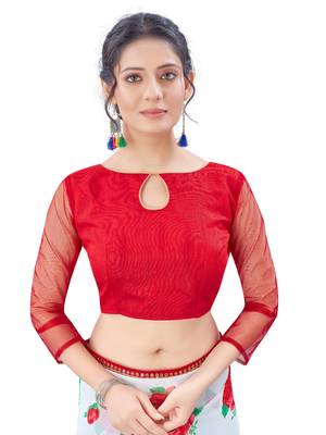 Red printed georgette saree with blouse 4