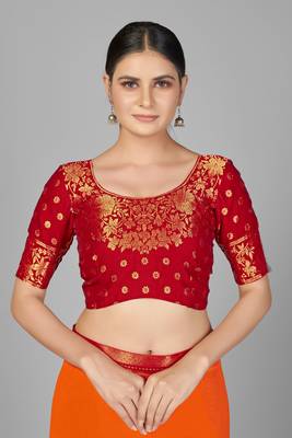 Red woven chiffon saree with blouse 4