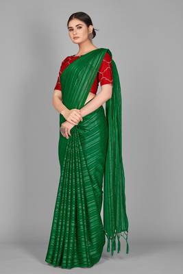 Green plain satin saree with blouse 2
