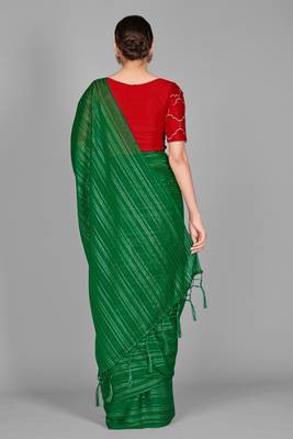 Green plain satin saree with blouse 3