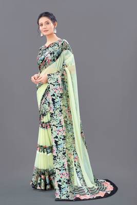 Beige printed faux georgette saree with blouse 2