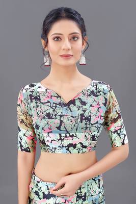 Beige printed faux georgette saree with blouse 3