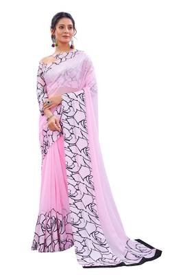 Pink printed faux georgette saree with blouse 1
