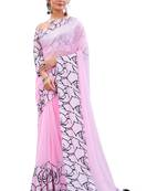 Pink printed faux georgette saree with blouse