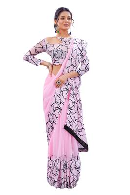 Pink printed faux georgette saree with blouse 2