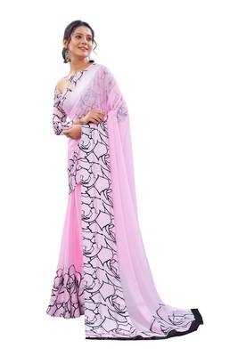 Pink printed faux georgette saree with blouse 3