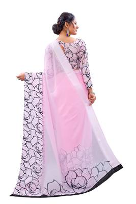 Pink printed faux georgette saree with blouse 4