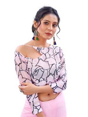 Pink printed faux georgette saree with blouse 5