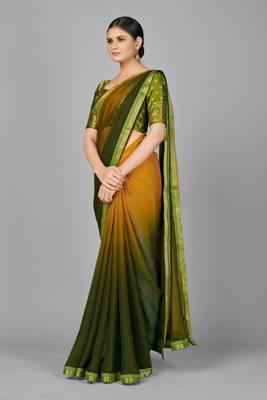 Yellow woven chiffon saree with blouse 2