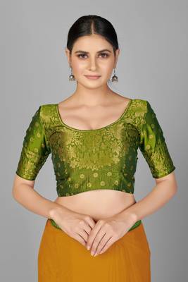Yellow woven chiffon saree with blouse 4