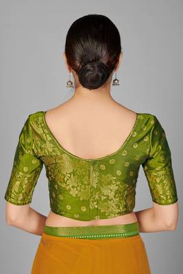 Yellow woven chiffon saree with blouse 5