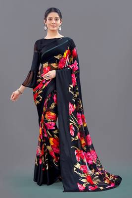 Black printed faux georgette saree with blouse 1