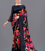 Black printed faux georgette saree with blouse