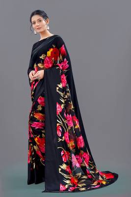 Black printed faux georgette saree with blouse 2