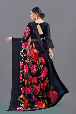 Black printed faux georgette saree with blouse 3