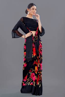 Black printed faux georgette saree with blouse 4