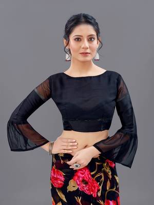 Black printed faux georgette saree with blouse 5