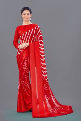 Red printed faux georgette saree with blouse 1