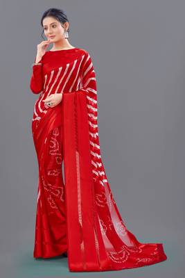 Red printed faux georgette saree with blouse 2