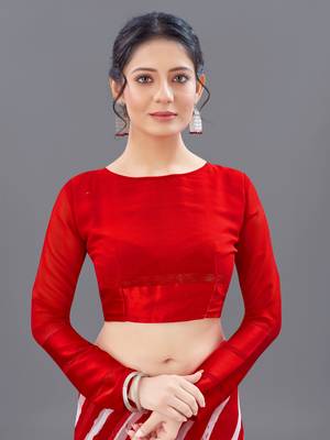 Red printed faux georgette saree with blouse 3