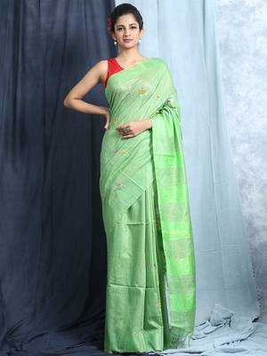 Light green Embroidered Blended Silk Saree With Blouse 1