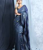 Blue Embroidered Blended Silk Saree With Blouse