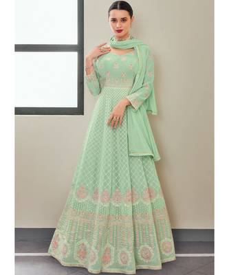 turquoise georgette semi stitched wedding top & Bottom  and Dupatta 2