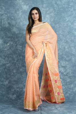 Peach woven blended cotton saree  1