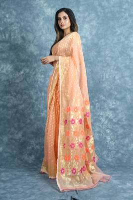 Peach woven blended cotton saree  3