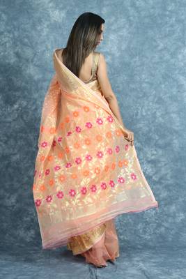 Peach woven blended cotton saree  4