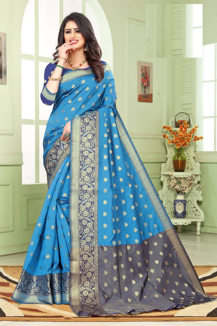 Sky blue Soft Maithili Silk saree with blouse piece