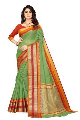 Green Manipuri cotton saree with blouse piece 1