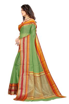 Green Manipuri cotton saree with blouse piece 2