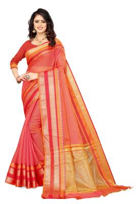 Orange Manipuri cotton saree with blouse piece 1