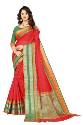 Red Manipuri cotton saree with blouse piece 1