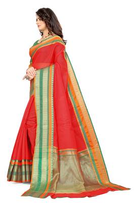 Red Manipuri cotton saree with blouse piece 2