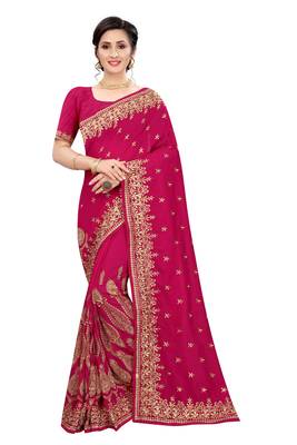 Magenta embroidered silk blend saree with blouse 1