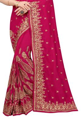 Magenta embroidered silk blend saree with blouse 3