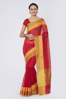 Red Woven Cotton Silk Saree With Blouse