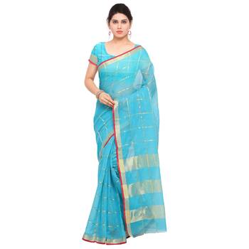 Blue printed cotton silk saree with blouse 1