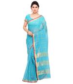 Blue printed cotton silk saree with blouse