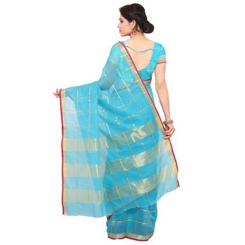 Blue printed cotton silk saree with blouse 2