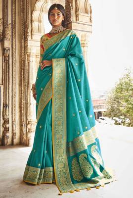 Turquoise embroidered pure silk saree with blouse 1