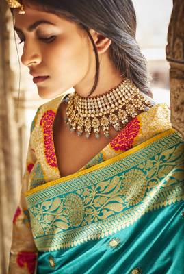 Turquoise embroidered pure silk saree with blouse 2