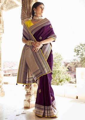 Purple embroidered pure silk saree with blouse 1