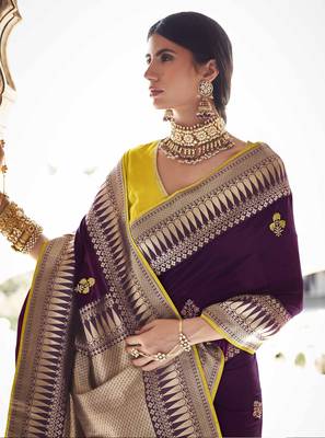 Purple embroidered pure silk saree with blouse 2