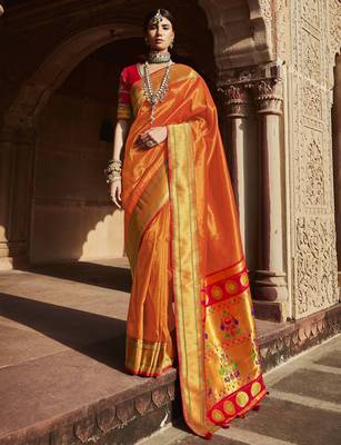 Orange woven pure silk saree with blouse 1