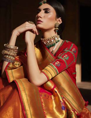 Orange woven pure silk saree with blouse 2