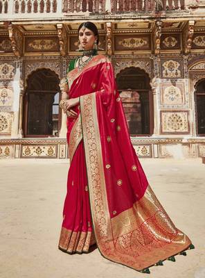 Red embroidered pure silk saree with blouse 1