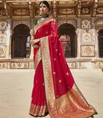 Red embroidered pure silk saree with blouse
